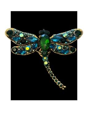 Blue and Green Dragonfly Brooch set in Gold- tone